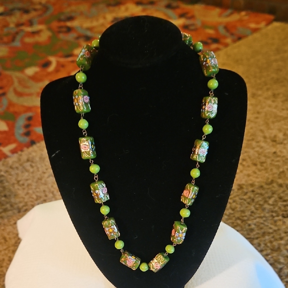 Vintange Green Venetain Murano Glass Wedding Cake Beads Necklace Retro